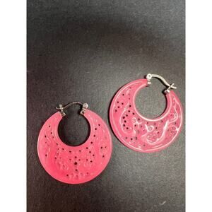 NEW pink jade carved dragon hoop earrings with sterling silver closures